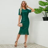 Women Date Dress round Neck Vintage Sequined Tassel Evening Dress
