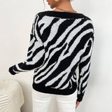 Women Knitted Sweater Autumn Pullover V-neck Black Zebra Print Sweater