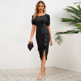 Women Date Dress round Neck Pleated Lace Dress