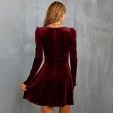 Women Dress V-neck Long Sleeve Velvet Dress