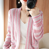 Women Knitwear Autumn Vintage Color-Block V Neck Sweater Female Loose Knitted Cardigan