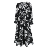 Women Date Dress Autumn and Winter Leisure Floral Print Long Sleeve Lace up Casual Dress Maxi Dress