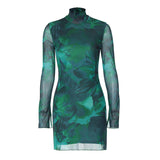Women Dresse Sexy Mesh Dress Printed Long Sleeve Short Dress