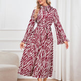 Women Date Dress Long Sleeve Dress Autumn and Winter Stand Collar Leopard Print Printed Dress Long Dress