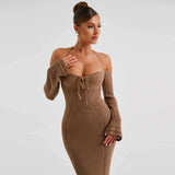 Women Dresses Spring Sexy Backless Lace up Slim Fit Hollow out Long Sleeve Dress
