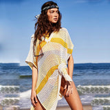 Women Knit Beach Cover V-neck Half Sleeve Cutout Beach Bikini Sun Protection Shirt
