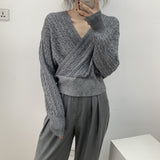 Women Winter Knitted Sweater V-neck Sweater Cable-Knit Sweater Top Spring 8t8113