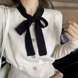 Women Knitwear Spring and Autumn Style Sweater V-neck Bow Long Sleeve Knitted Cardigan