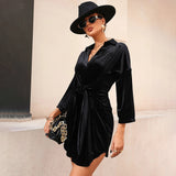 Women Dress Lapel Long Sleeve Narrow Velvet Dress