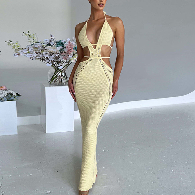 Women Dresse Bohemian Dress Sexy Backless Long Dress V-neck Hollow-out Dress
