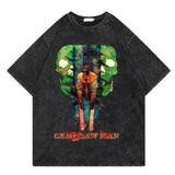 Washed retro T-shirt, chainsaw man cartoon print casual short sleeves