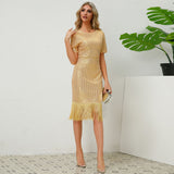 Women Date Dress round Neck Vintage Sequined Tassel Evening Dress
