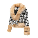 Women Trench Coat Autumn and Winter Plaid Coat Detachable Short Fur Collar Top Houndstooth