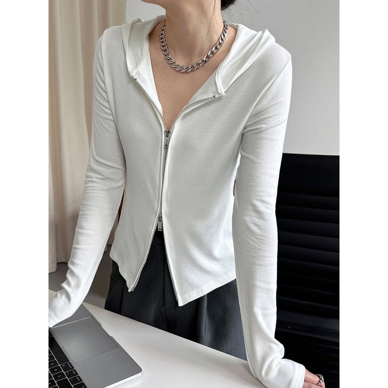 Women T Shirt Slim Double Zipper Sweater Cardigan Hooded Sports Top