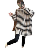 Women Knitted Pullover Fall Winter Hooded Striped Knitwear Loose Casual Top