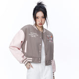 Women Jacket Color Contrast Short Baseball Jacket Stand Collar Embroidery Casual High Waist Jacket