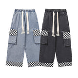Men Jeans Retro Worn Jeans Multi-Pocket Work Pants Cropped Pants