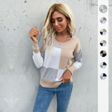 Women Knitted Sweater Autumn round Neck Stitching Long Sleeve Knitted Sweater