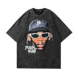 Men T Shirt Hip Hop Washed Vintage Rose Skull Short Sleeve T-shirt