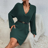 Women Dress Loose Casual Sexy V-neck Pocket Long Sleeve Dress Mini Dress