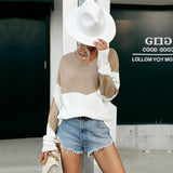 Women Knitted Sweater Long Sleeve V-neck Color-Block Sweater Autumn Top