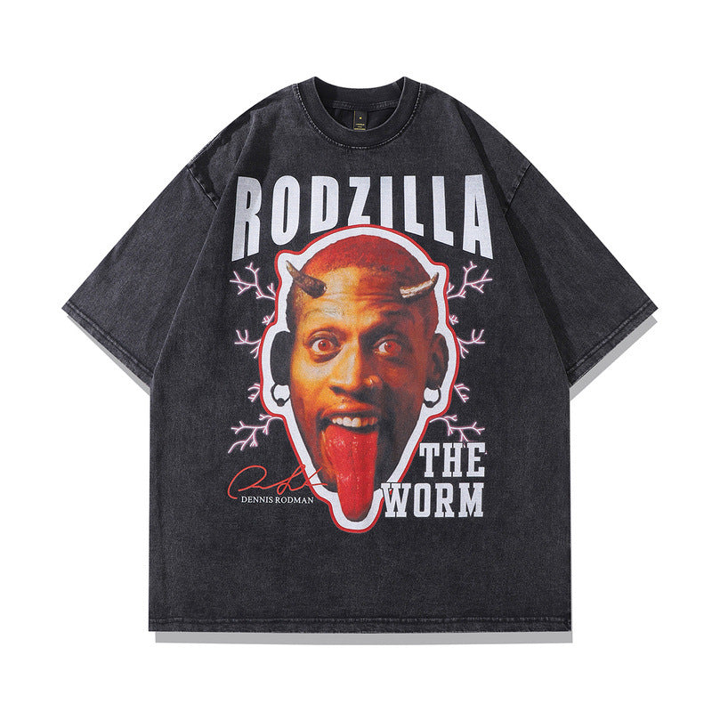 Men T Shirt Basketball Rodman Portrait Printing Vintage Distressed Washed Short Sleeve T-shirt