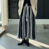 Women Knitted Skirt Black and White Striped Dress Tassel Knitted Skirt