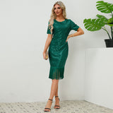 Women Date Dress round Neck Vintage Sequined Tassel Evening Dress
