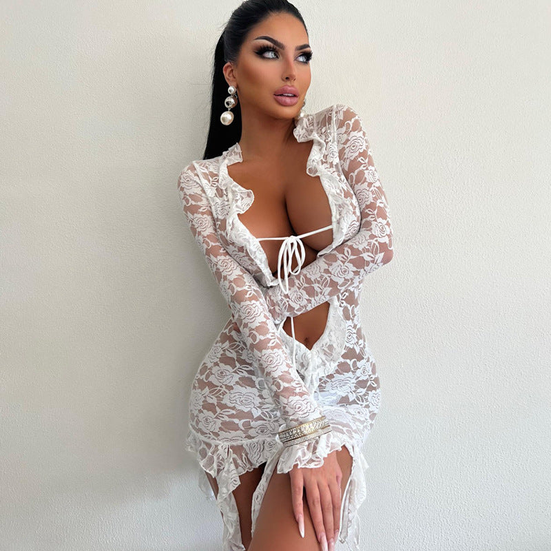 Women Dresse Hip Skirt Sexy Lace Dress Hollow Skirt