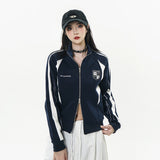 Women Jacket Stitching Contrast Color Jacket Autumn Loose Leisure Sports Zipper Cardigan Outerwear