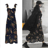 Robe Bridgerton Black Flower Print Overknee Mid-Length Slim Strap Dress