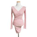 Women Dresses Blue V-neck Dress Long Sleeve Hip Skirt Skirt