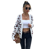 Women Knitted Sweater Coat Autumn Leopard Print V-neck