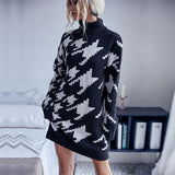 Women Knitted Sweater Autumn and Winter Turtleneck Loose Long Sleeve Houndstooth Woolen Skirt