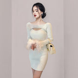 Women Maxi Dress Autumn and Winter Hollow Long Sleeve Narrow Knitted Dress