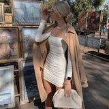 Women Dresses Spring Summer Slim-Fit Long Sleeve Pleated Solid Color Dress