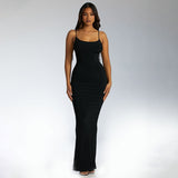 Women Dresses Sling Backless Lace up Long Slim Fit Dress (Bla0420)