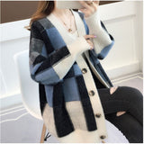 Women Knitted Cardigan Autumn and Winter Loose Plaid Color Stitching Knitted Cardigan