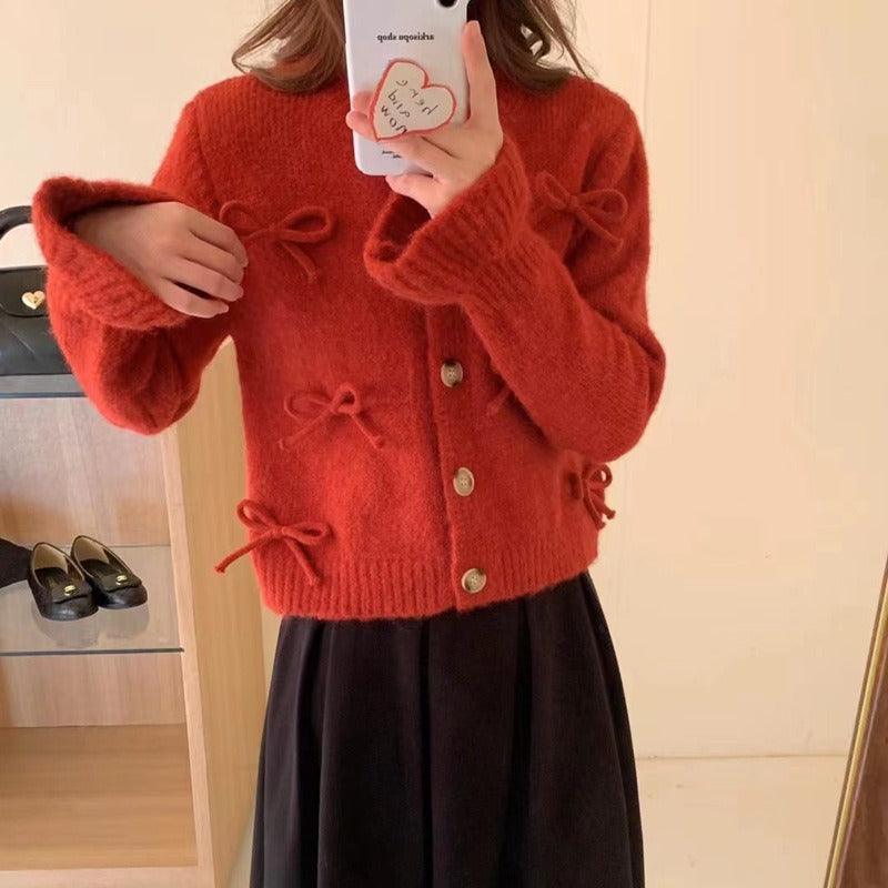 Women Knitwear Spring and Autumn round Neck Bow Sweaters Cardigan