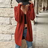 Women Knitted Sweater Autumn Winter Red Long Sleeve Hooded Sweater Cardigan Coat