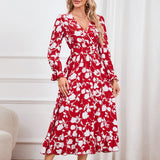 Women Date Dress Floral Dress Autumn and Winter V-neck A- line Skirt
