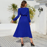 Women Date Dress Autumn and Winter V-neck Lace Pleated Lace-up Long Dress