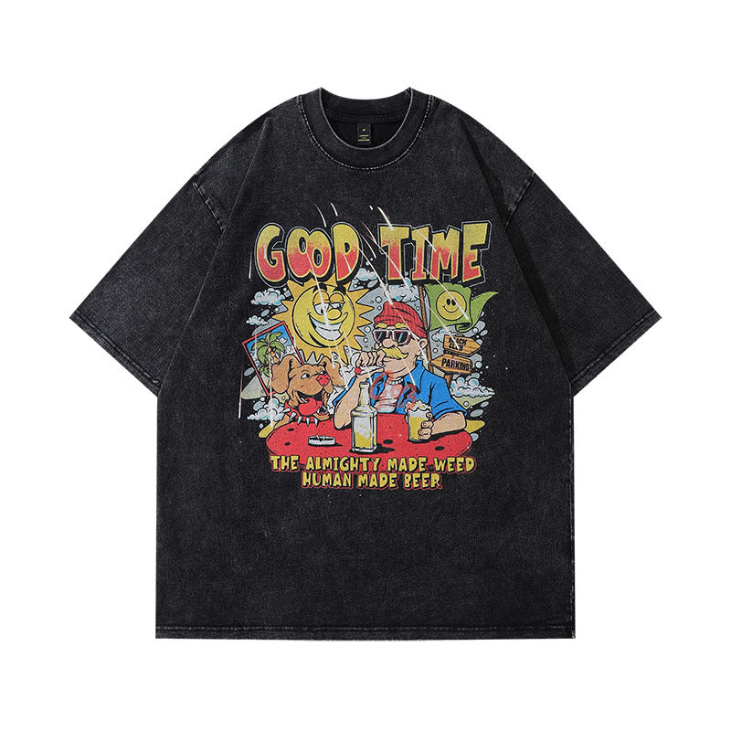 Men T Shirt Cartoon Printed Distressed Short Sleeve T-shirt