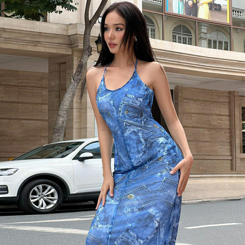 Women Dresses Summer Printed Sexy Backless Slim Fit Lace up Dress