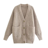 Women Sweater Knitwear Winter Pocket Decoration Thick Mid-Length Knitted Cardigan Jacket