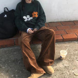 Women Knitted Pullover Vintage Flower round Neck Autumn and Winter Loose Flower Knitwear Sweater