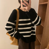 Women Knitted Pullover round Neck Striped Sweater Winter Loose Sweater Top