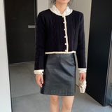 Women Cardigan Sweater Autumn Sweater round Neck Short Button Black and White Cardigan X3005