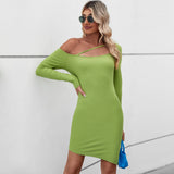Women Dress Sexy off-Shoulder Slim-Fit Hip-Wrapped Short Dress Long Sleeve Dress