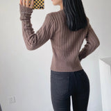 Women Sweater Knitwear V-neck Thread Sunken Stripe Slim-Fit Long-Sleeved Knitted Bottoming Shirt